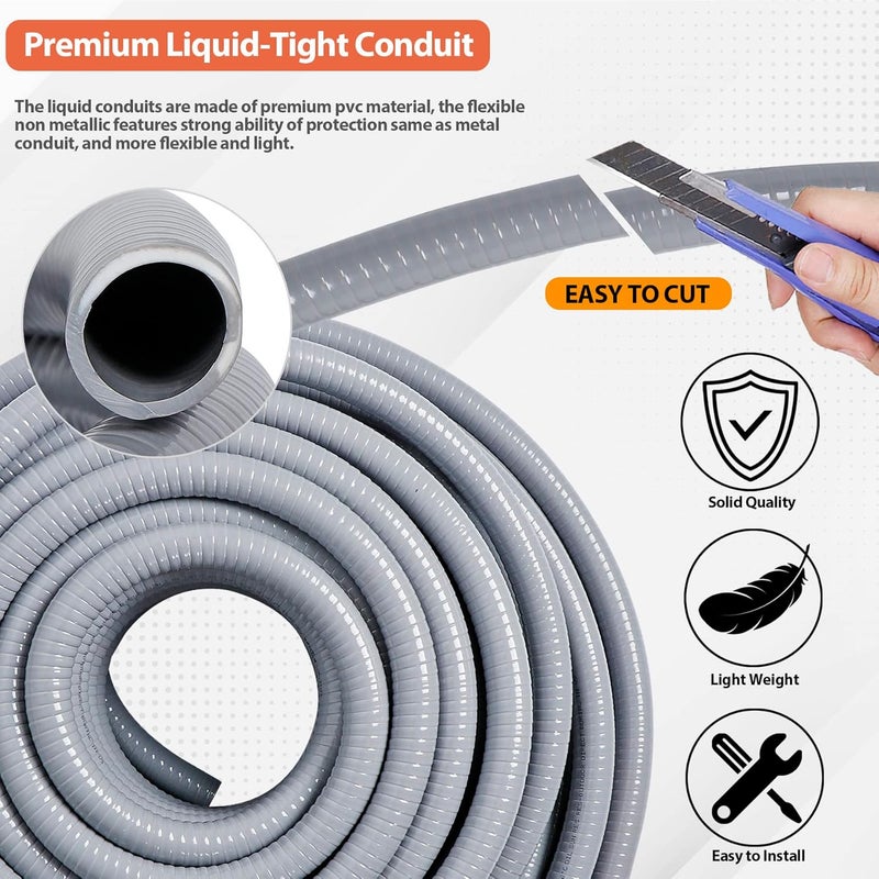 Neorexon Liquid-Tight Conduit and Connector Kit 1/2inch 25ft, Flexible Non Metallic Liquid Tight Electrical Conduit w/UL Certification, Electrical Conduit Kit with 5 Straight, 5 Angle Fittings - Image 3
